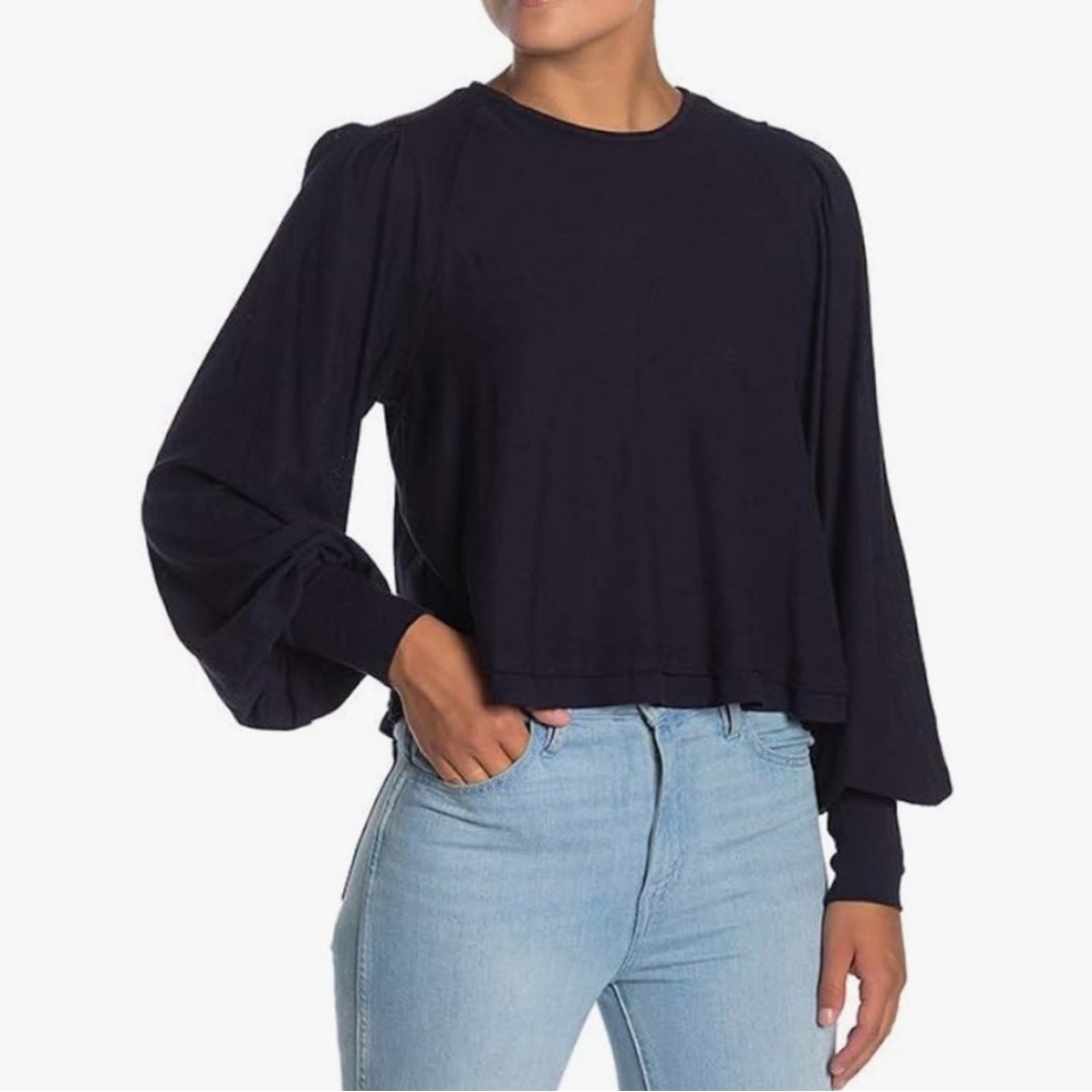 Free People Navy Billie Balloon Puff Sleeve Oversized Peasant Top Sz Medium